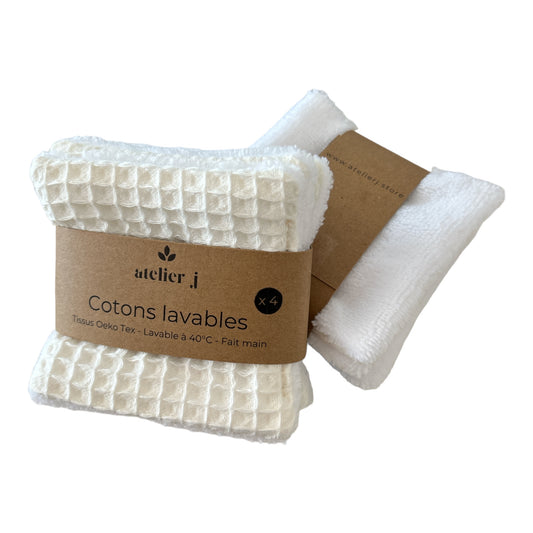 Lot de 4 Cotons lavables Nid d'abeille et micro éponge de bambou / Lingettes démaquillante - Blanc